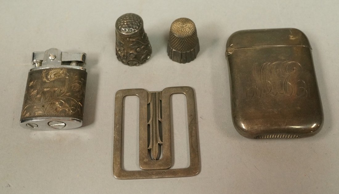 5pc Sterling Lot. 1) GEORG JENSEN Book Clip #289: 5pc Sterling Lot. 1) GEORG JENSEN Book Clip #289 Denmark. 2pc Sterling thimbles; one marked Mexico. 4) Sterling Match Safe Vesta, monogrammed. 5) 950 Sterling Lighter.-- Dimensions: --- US Shipping ch