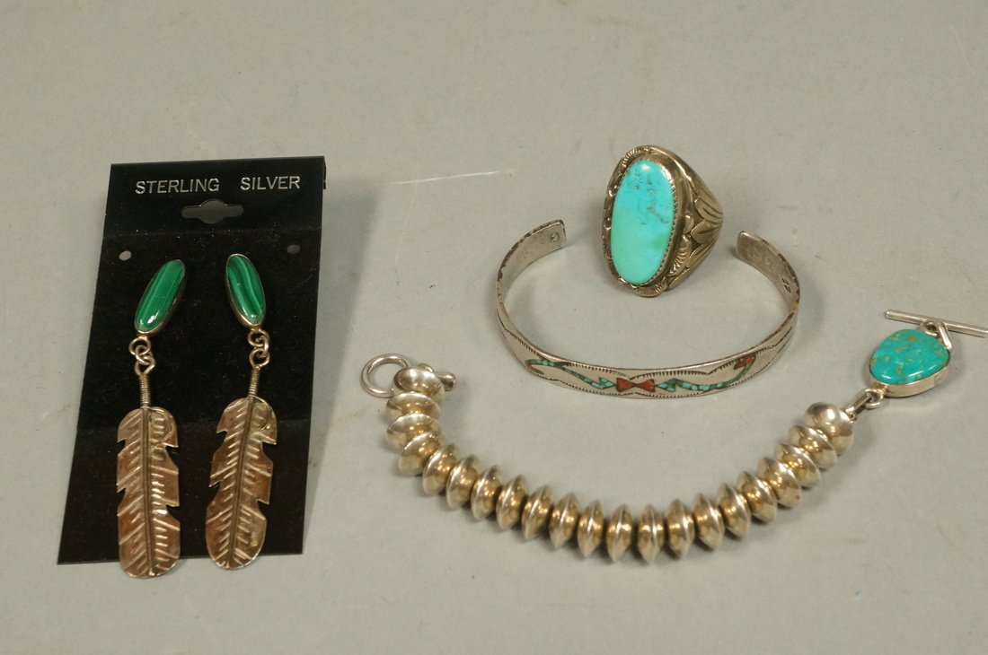4pc Sterling Native American Indian Jewelry Lot.: 4pc Sterling Native American Indian Jewelry Lot. 1) CA WIN Malachite Dangle Earrings with sterling feather dangle. 2). WES CRAIG large Mens Turquoise Ring. 3). Signed BE Sterling melon ball bead brace