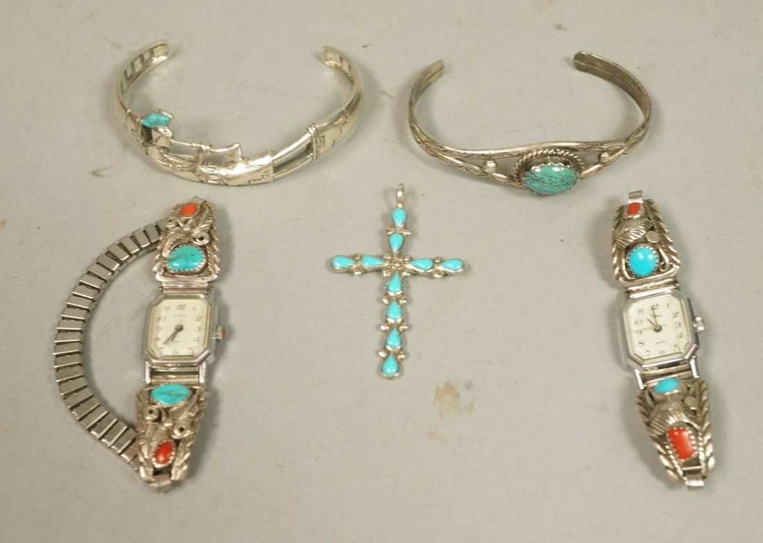 5pc Sterling Native American Indian Jewelry Lot.: 5pc Sterling Native American Indian Jewelry Lot. 1). Turquoise Cross Pendant. 2). & 3). Turquoise & Red Coral Watch holders; one marked GK. Only the front element is sterling. 4). Turquoise Bracelet m