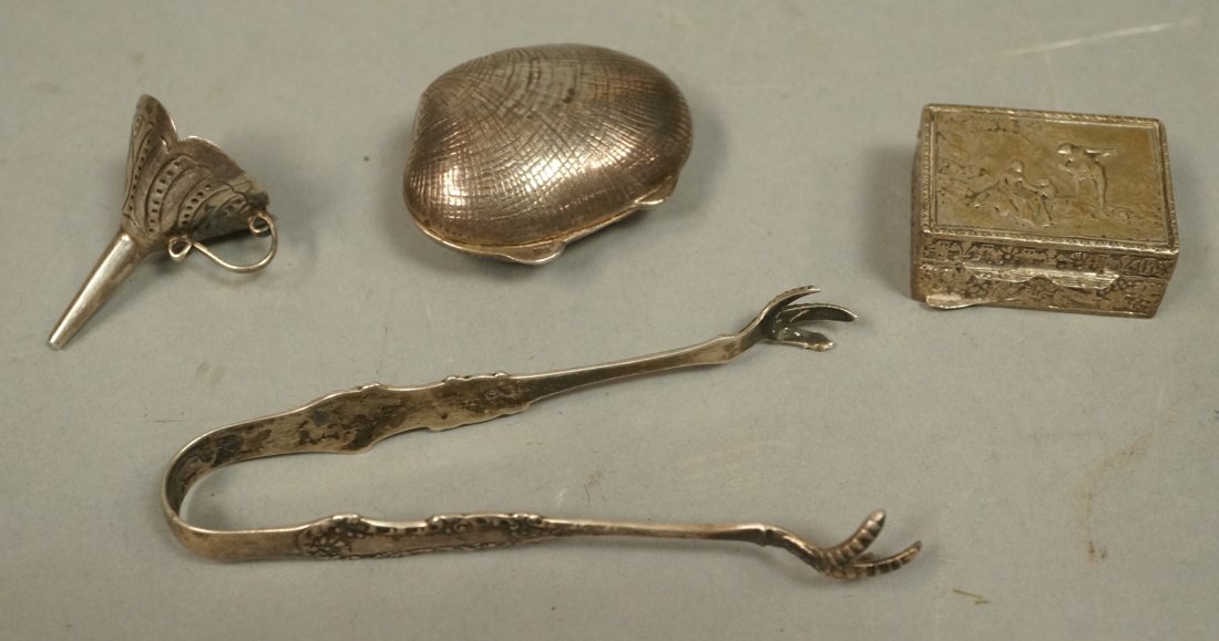 4pc Sterling & 800 Object Lot. 1). 800 Pill Box.: 4pc Sterling & 800 Object Lot. 1). 800 Pill Box. 2) 925 Sterling Shell form box 3). Sterling Sugar Tongs, hallmarked. 4) Sterling Perfume Funnel. -- Dimensions: --- US Shipping charge: $9