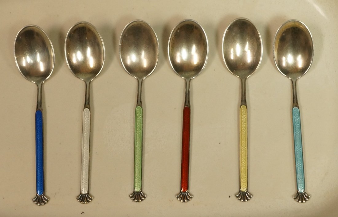 6pc Sterling & Enamel Demitasse Spoons. Scandinav: 6pc Sterling & Enamel Demitasse Spoons. Scandinavian. Marked. -- Dimensions: : L: 3.25 inches--- Weight: 1.25 Troy ozs. ---- --- US Shipping charge: $9