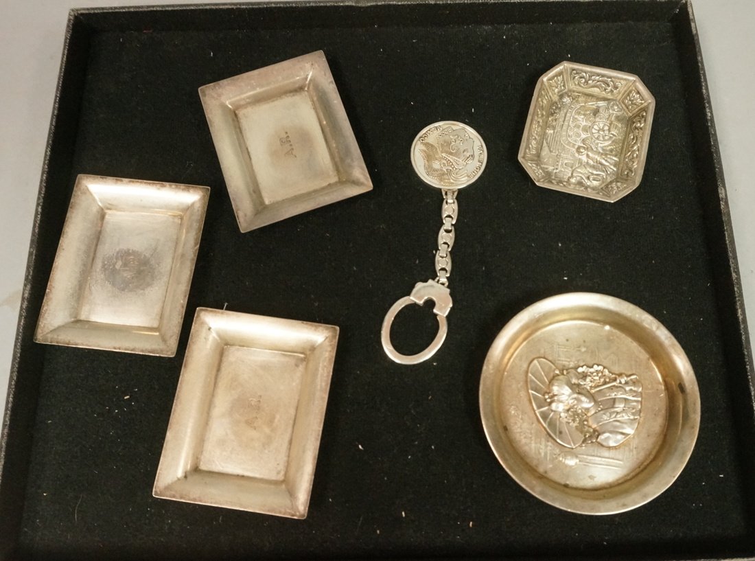 6pc Sterling or Silver Accessory Lot. 1) 3 Tiffan: 6pc Sterling or Silver Accessory Lot. 1) 3 Tiffany & Co Small Trays, monogram A.R. 2) Keychain with Mexican Palenque Coin. 3) Sterling round dish with Japanese Geisha & parasol. 4) Silver small dish, 