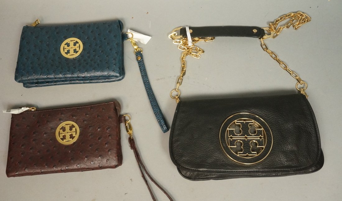 3pcs Tory Burch Handbag Purses. 2 leather clutch: 3pcs Tory Burch Handbag Purses. 2 leather clutches Ostrich finish (brown and Blue) and 1 Dark blue with chain strap.-- Dimensions: H: 7 inches: W: 11 inches: D: 2 inches --- US Shipping charge: $20