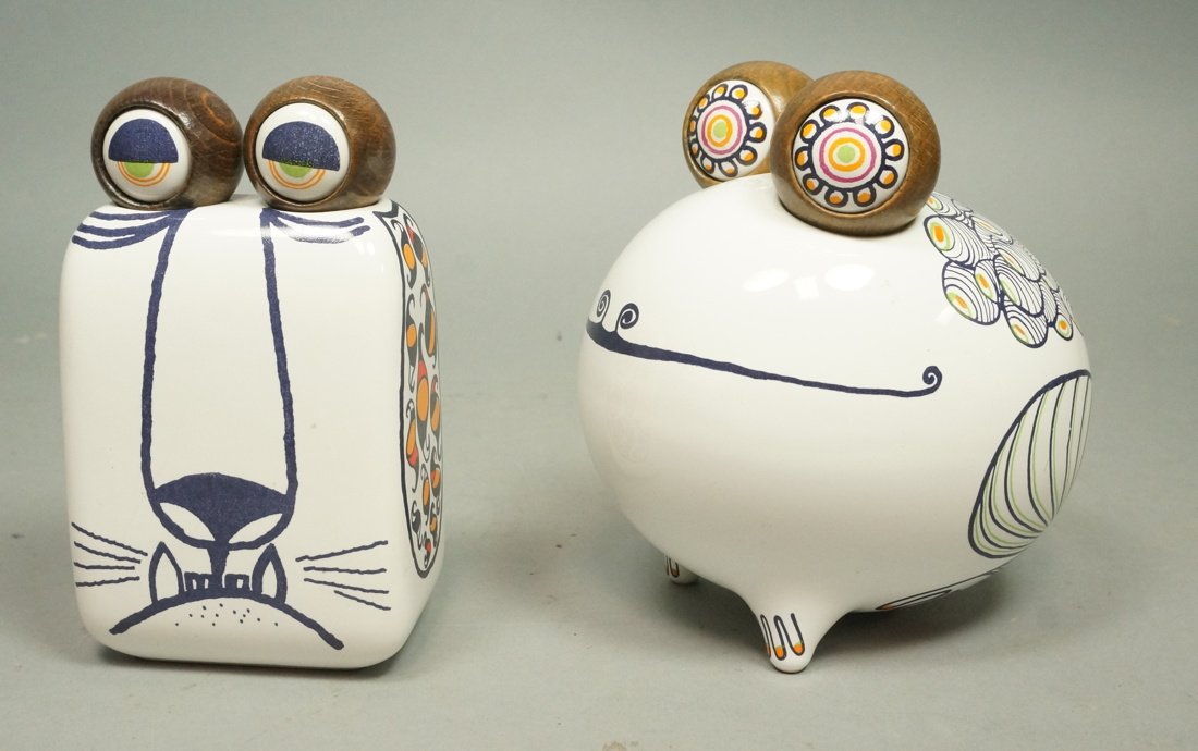 6pc German HERR Q Figural Pottery Sculptures. Two: 6pc German HERR Q Figural Pottery Sculptures. Two face figures with 2 pair of round eyes (mounted in wood) to add to sculpture to change expression. One is double sided; happy face & frowny face. Das 