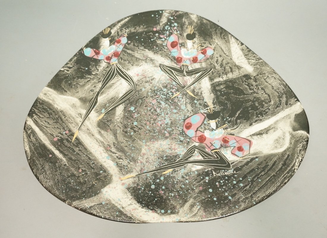 MARC BELLAIRE Ceramic Charger Dish. Harlequin Pai: MARC BELLAIRE Ceramic Charger Dish. Harlequin Paint Decoration on triangular plate. Marked.-- Dimensions: H: 2 inches: W: 16 inches --- US Shipping charge: $35