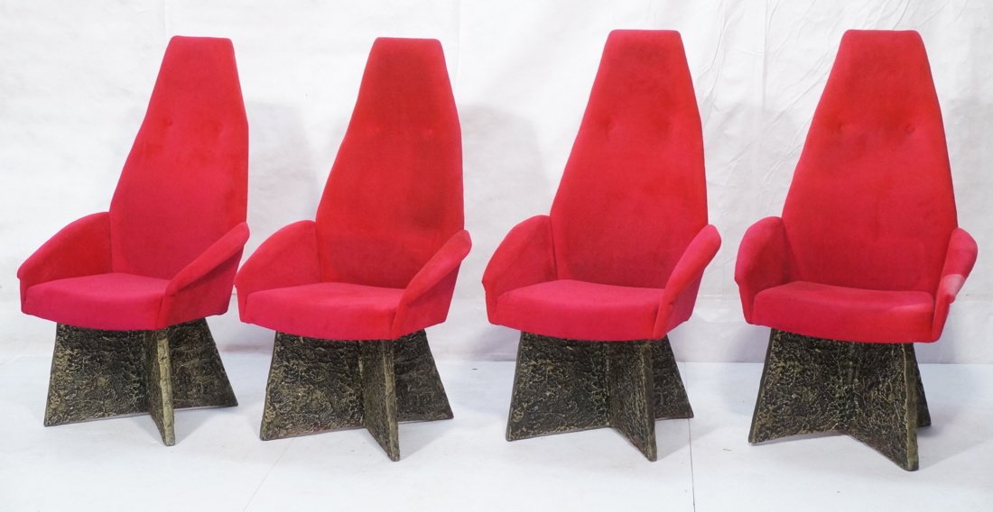 Set 4 Paul Evans style Tall Back Dining Chairs. P: Set 4 Paul Evans style Tall Back Dining Chairs. Probably Craft Assoc. by Adrian Pearsall. Tall bright fluorescent Pink Fabric upholstery. Sculpty textured cross form bases. -- Dimensions: H: 48 inches