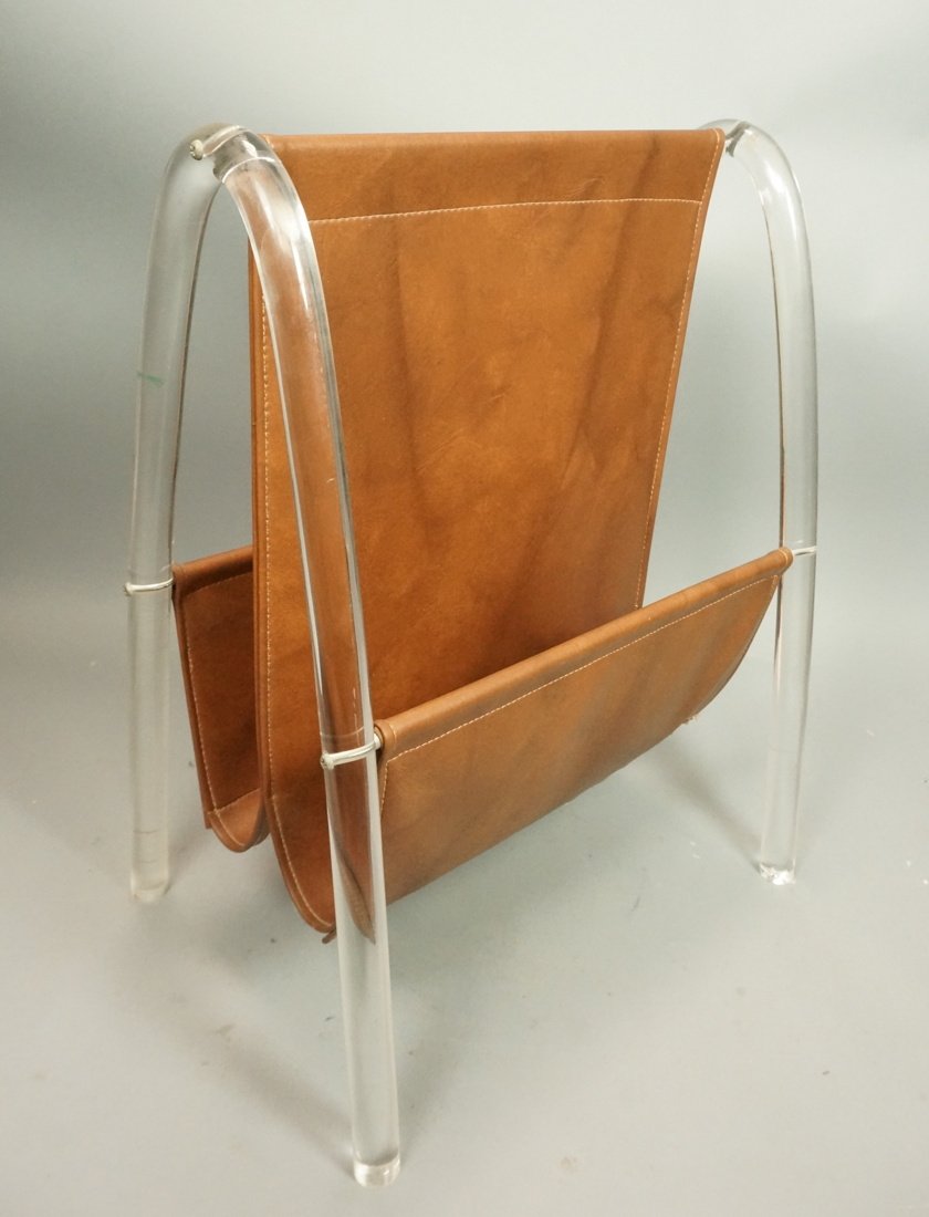 Clear Lucite Brown Vinyl Two Pocket Magazine Rack: Clear Lucite Brown Vinyl Two Pocket Magazine Rack.-- Dimensions: H: 21 inches: W: 16.5 inches: D: 12 inches ---