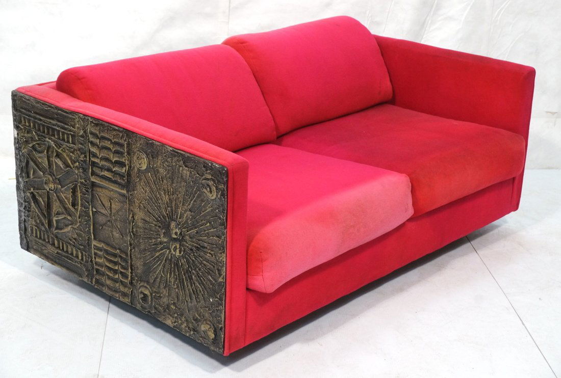 PAUL EVANS style Sculpted Bronze Love Seat Sofa C: PAUL EVANS style Sculpted Bronze Love Seat Sofa Couch. Sunburst patterns. Fluorescent Pink Fabric upholstery. Possibly Craft Assoc by Adrian Pearsall. Not marked.-- Dimensions: H: 27 inches: W: 59 inc