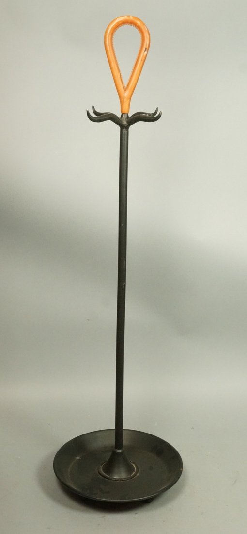 Black Iron & Leather Wrapped Handle Fireplace Too: Black Iron & Leather Wrapped Handle Fireplace Tool Stand. Carl Aubock style. NO tools. -- Dimensions: H: 36 inches: W: 10.5 inches --- US Shipping charge: $35