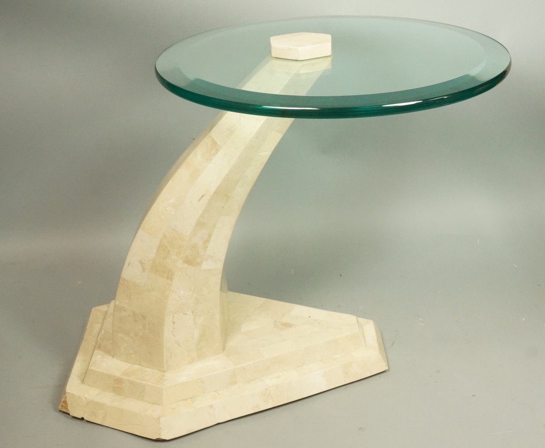 MAITLAND SMITH style Tessellated Stone Side Table: MAITLAND SMITH style Tessellated Stone Side Table. Oval glass top on Bowed Marble tiled base. Not marked.-- Dimensions: H: 20 inches: W: 18 inches: D: 25 inches ---