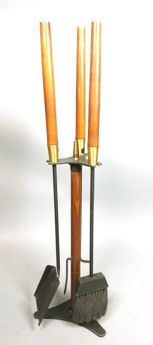 American Modern Walnut & Iron Fireplace Tool Set.: American Modern Walnut & Iron Fireplace Tool Set. Standing holder with three wood handled tools. Brass trim.-- Dimensions: H: 31 inches: W: 9 inches: D: 9 inches ---