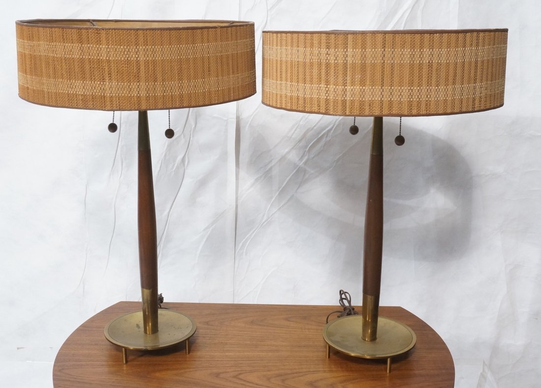 Pr American Modern Dark Wood & Brass Table Lamps.: Pr American Modern Dark Wood & Brass Table Lamps. Modernist TOMMI PARZINGER style. Period woven shades with diffuser. -- Dimensions: H: 29 inches: W: 20 inches: D: 20 inches ---