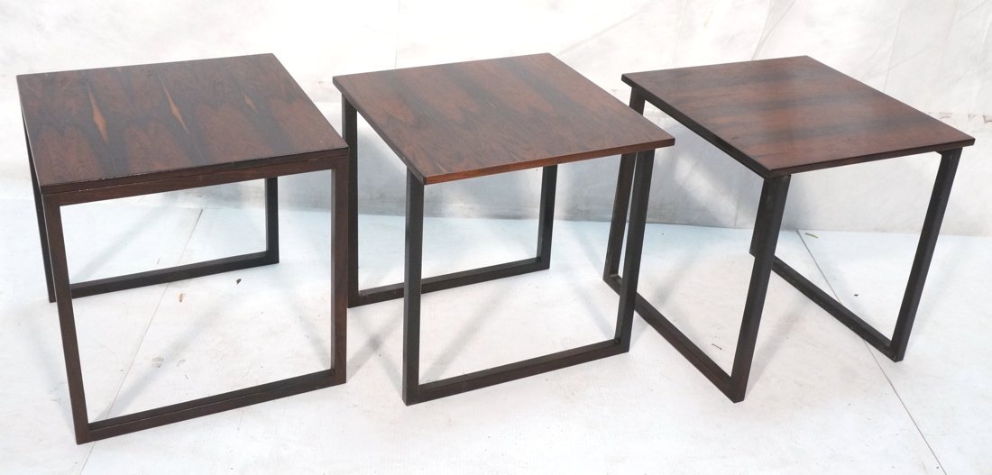 3pc Rosewood Nesting Tables. Three tables with ro: 3pc Rosewood Nesting Tables. Three tables with rosewood tops. Black finish open square legs. Tables fit together like puzzle to form cube. Nice rosewood grain. -- Dimensions: H: 16 inches: W: 17 inche
