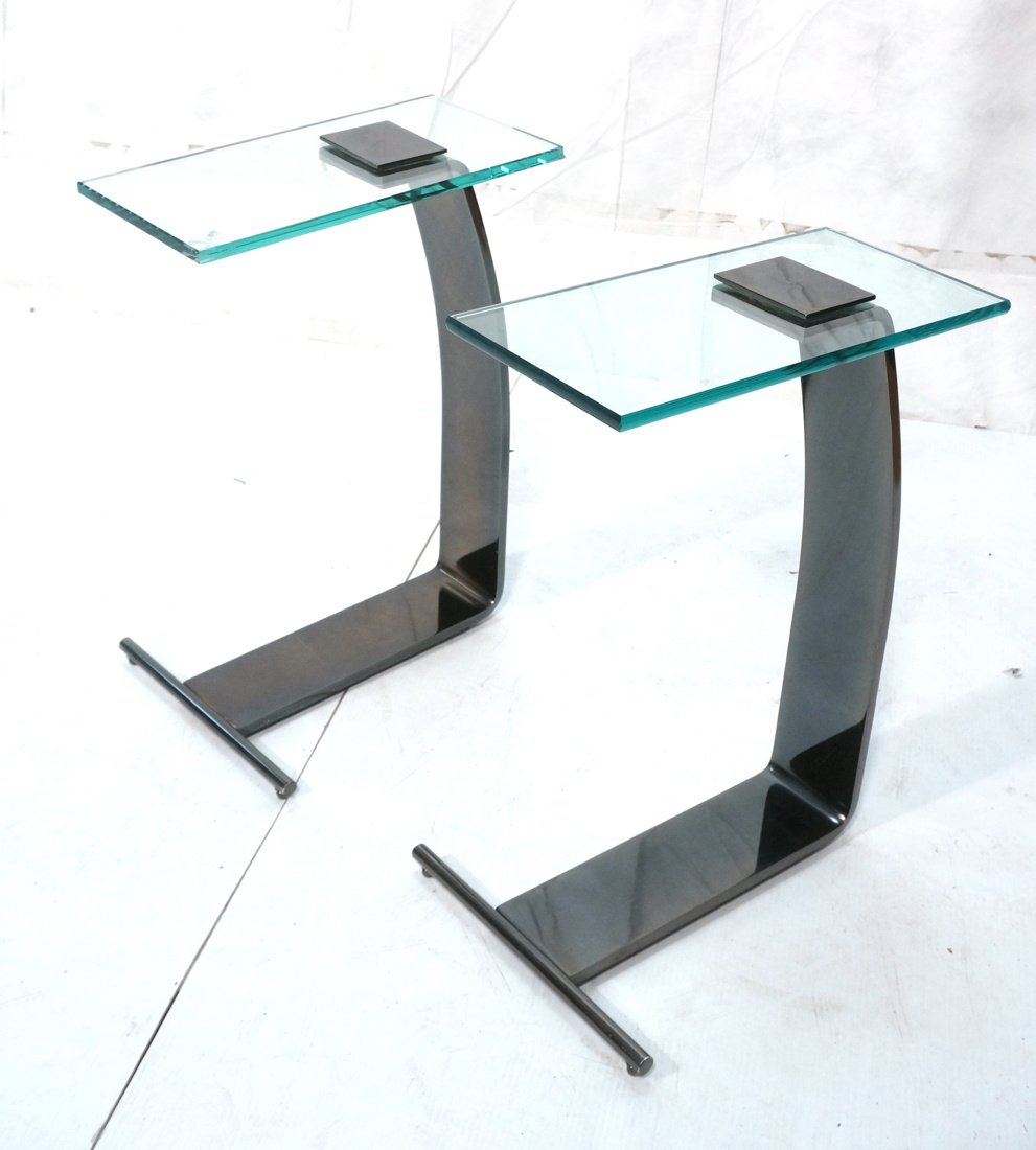 Pr DIA Design Institute of America Side Tables. G: Pr DIA Design Institute of America Side Tables. Glass Tops on Metallic Gun Metal Bases. -- Dimensions: H: 23 inches: W: 12 inches: D: 16 inches ---