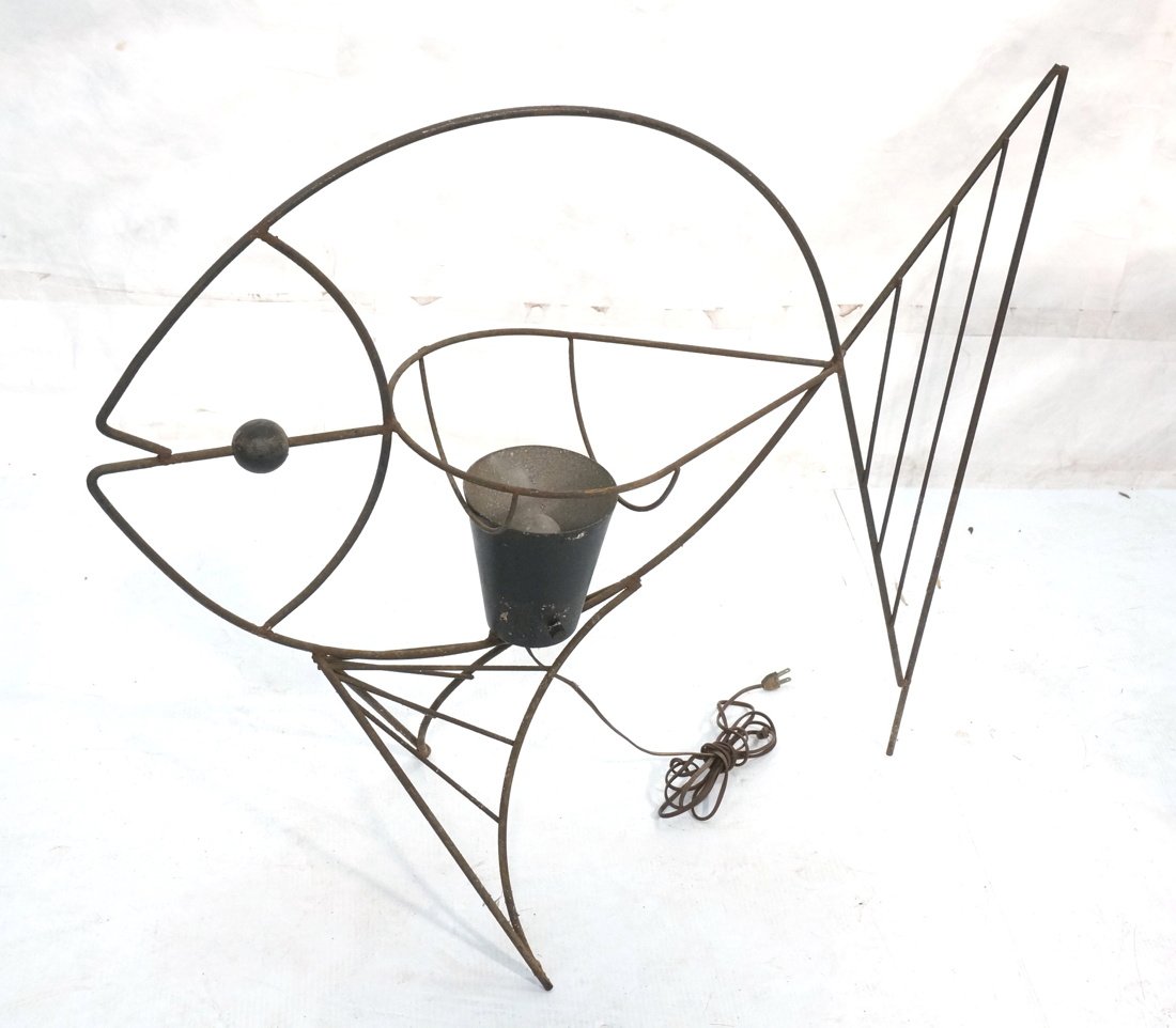 FREDERICK WEINBERG Style Wire Figural Fish Lamp.: FREDERICK WEINBERG Style Wire Figural Fish Lamp. Black lamp shade. -- Dimensions: H: 32.5 inches: W: 35 inches: D: 14 inches ---