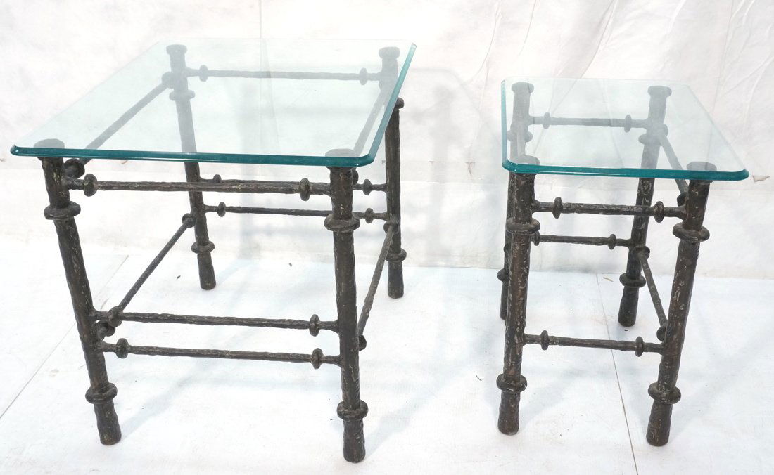 2pc GIACOMETTI style Tables. Heavy bronze finish: 2pc GIACOMETTI style Tables. Heavy bronze finish metal base. Glass Tops. One side Table. One Occasional Table. -- Dimensions: H: 24.75 inches: W: 27 inches: D: 23 inches ---