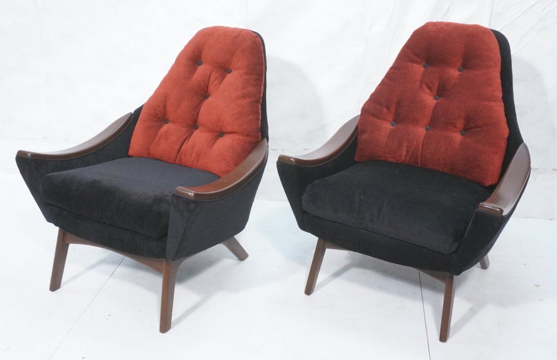 Pr ADRIAN PEARSALL Style Lounge Chairs. Bowed Woo: Pr ADRIAN PEARSALL Style Lounge Chairs. Bowed Wood Arms. Black And Wine fabric upholstery. Wood arm rests and legs.-- Dimensions: H: 35 inches: W: 30.5 inches: D: 37.5 inches ---