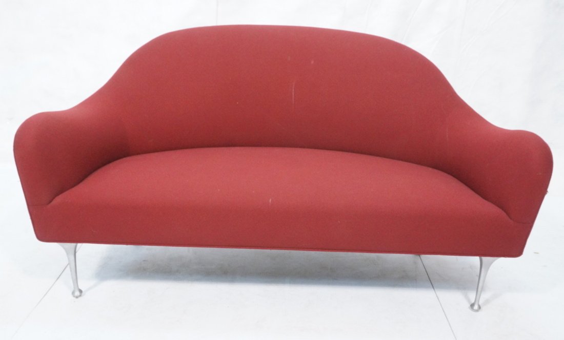 MODERNICA MODERN Love Seat. Shapely Cast Aluminum: MODERNICA MODERN Love Seat. Shapely Cast Aluminum Legs. Burgundy Upholstery. Label.-- Dimensions: H: 30 inches: W: 58 inches: D: 32 inches ---