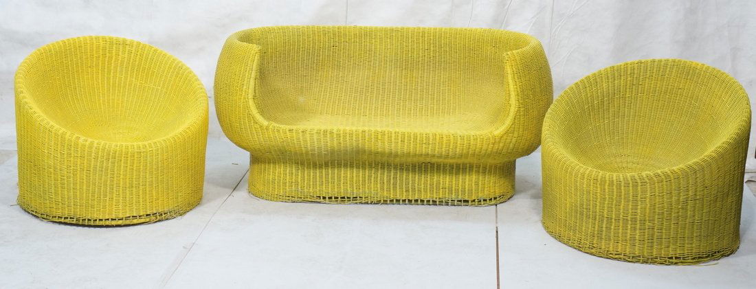 3pc Set EERO AARNIO style Wicker Love Seat & 2 Ch: 3pc Set EERO AARNIO style Wicker Love Seat & 2 Chairs. Yellow. Not marked. -- Dimensions: H: 30 inches: W: 60 inches: D: 30 inches ---