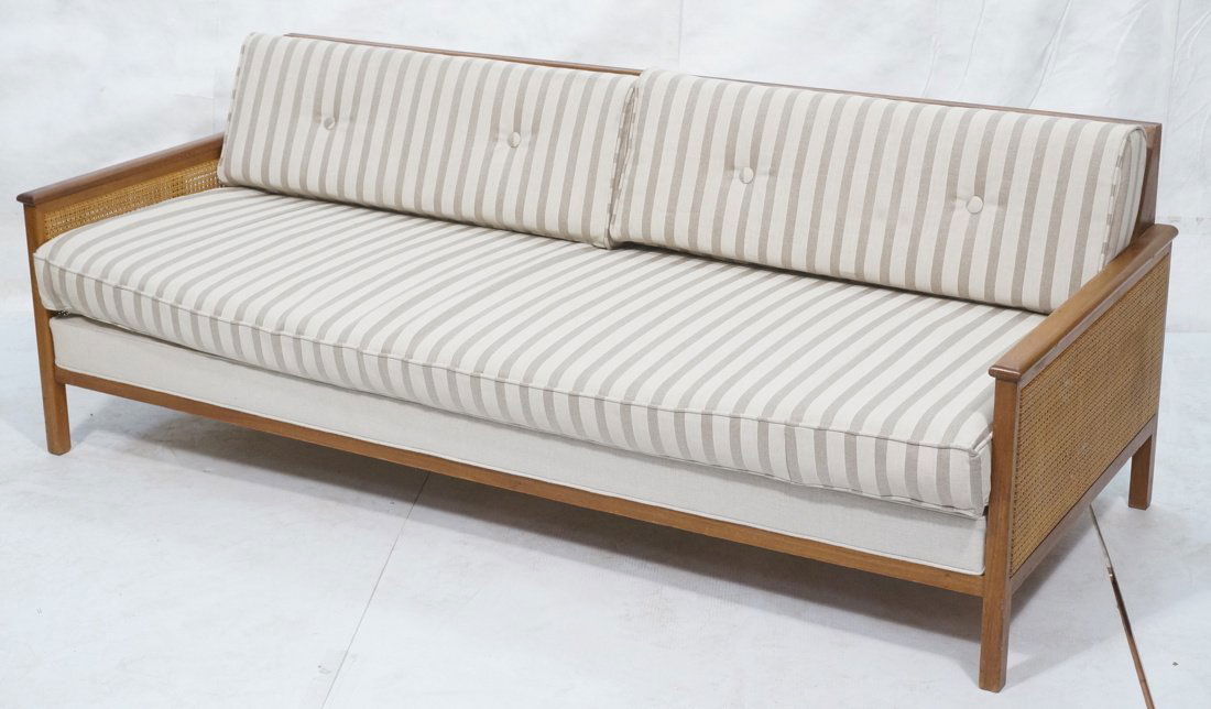 American Modern Walnut Sofa Couch. Caned Sides. S: American Modern Walnut Sofa Couch. Caned Sides. Striped upholstery.-- Dimensions: H: 28 inches: W: 78 inches: D: 34 inches ---