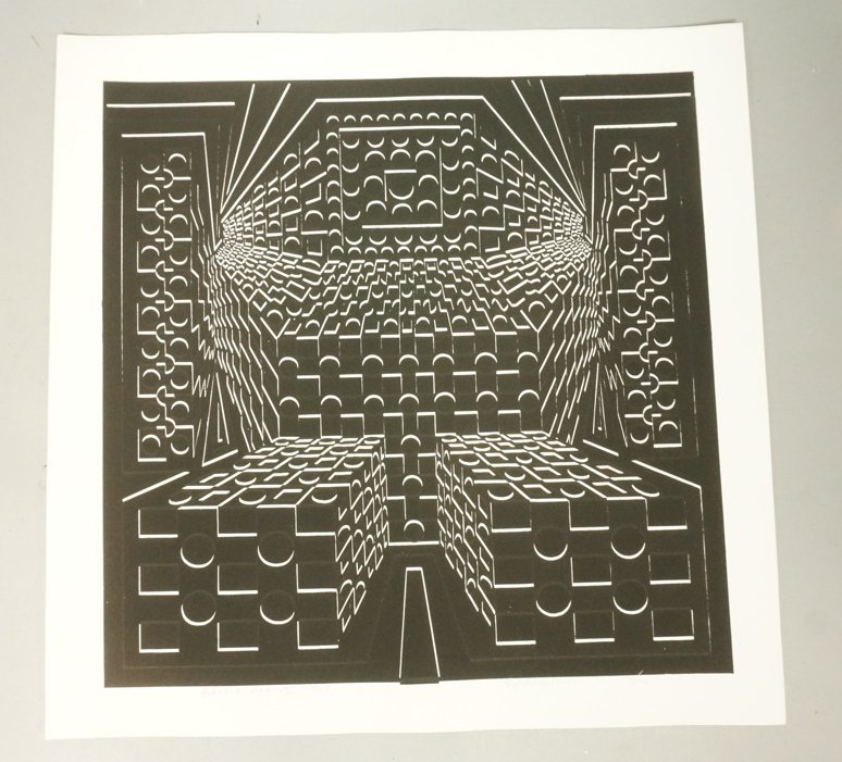 ROY AHLGREN American OP ART Silkscreen Print. "De: ROY AHLGREN American OP ART Silkscreen Print. "Desert Icon VI" 1969. Graphic Black on White 19/100. Pencil signed & #. -- Dimensions: Image Size: H: 17.25 inches: W: 17.25 inches --- US Shipping charg