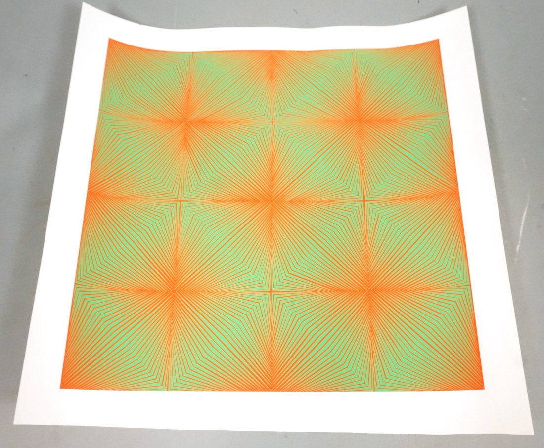 ROY AHLGREN American OP ART Silkscreen Print. "Ga: ROY AHLGREN American OP ART Silkscreen Print. "Galaxy V" 1969 Artist's Proof. Graphic Green on Red, A/P. Pencil signed & #. -- Dimensions: Image Size: H: 17 inches: W: 17 inches --- US Shipping charge