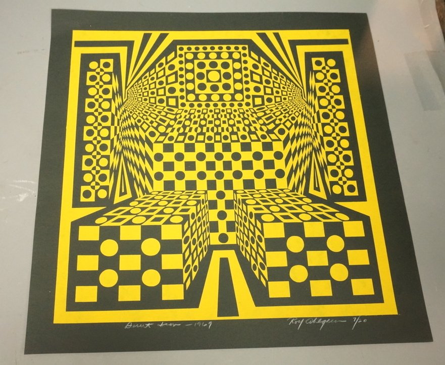 ROY AHLGREN American OP ART Silkscreen Print. "De: ROY AHLGREN American OP ART Silkscreen Print. "Desert Icon" 1969 7/20. Graphic Yellow on Black. Pencil signed & #. -- Dimensions: Image Size: H: 17 inches: W: 17 inches --- US Shipping charge: $20