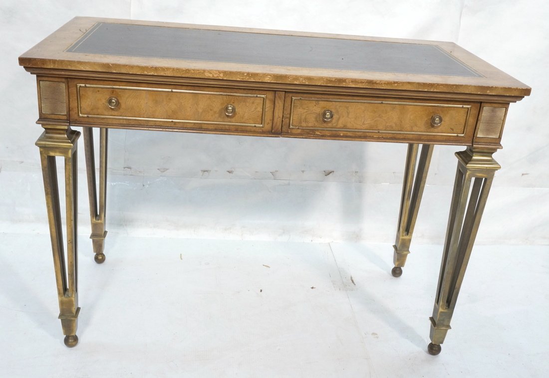 Decorator MASTERCRAFT Desk. Burl Wood w/ inset b: Decorator MASTERCRAFT Desk. Burl Wood w/ inset black leather top. Detailed metal legs & trim. Two drawers. Marked-- Dimensions: H: 30 inches: W: 42 inches: D: 20 inches ---