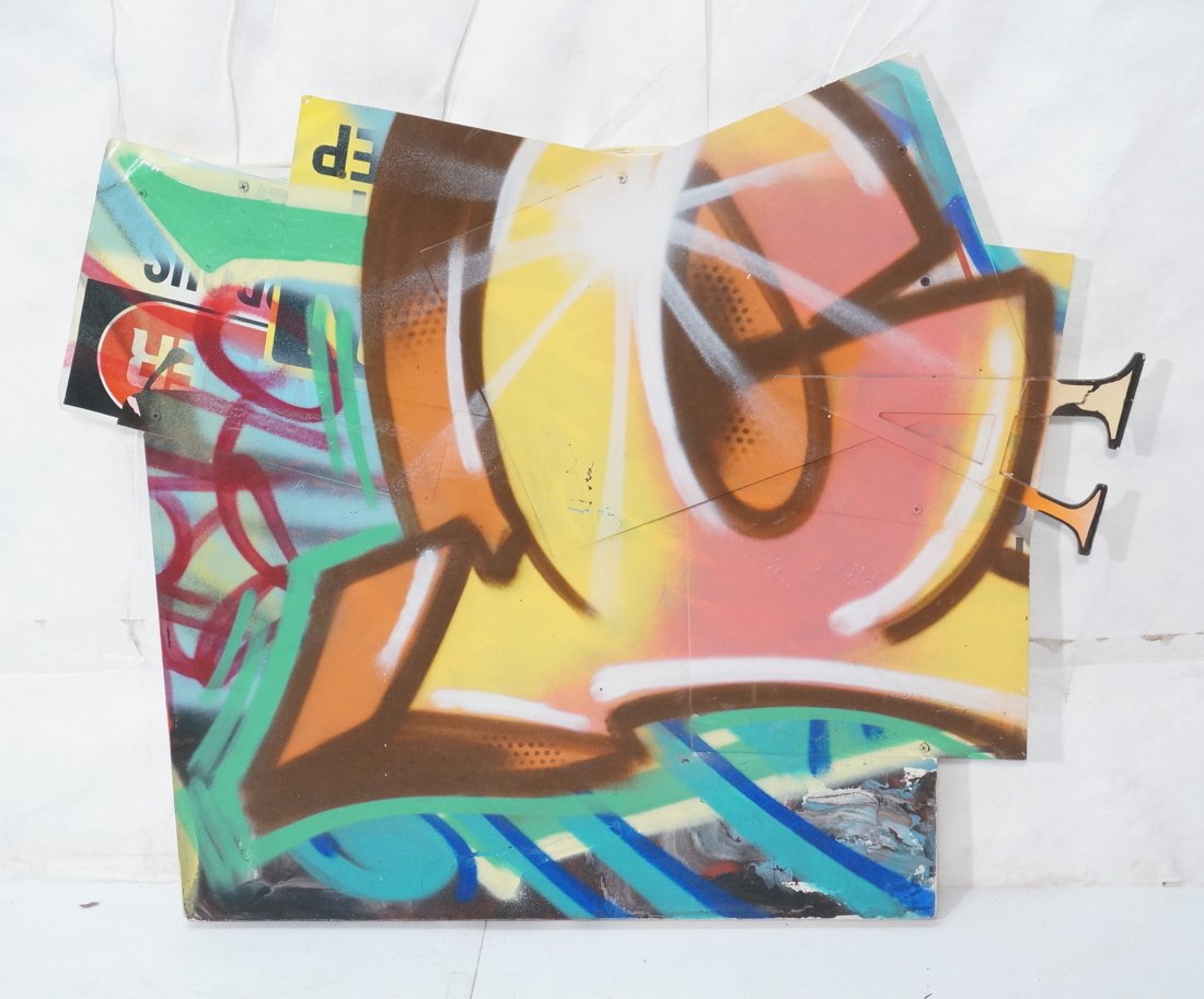 CRASH Spray Paint Collage. Canvas back with atta: CRASH Spray Paint Collage. Canvas back with attached metal signs. Crash is street name of Graffiti Artist JOHN MATOS.-- Dimensions: Image Size: H: 31 inches: W: 38.5 inches ---