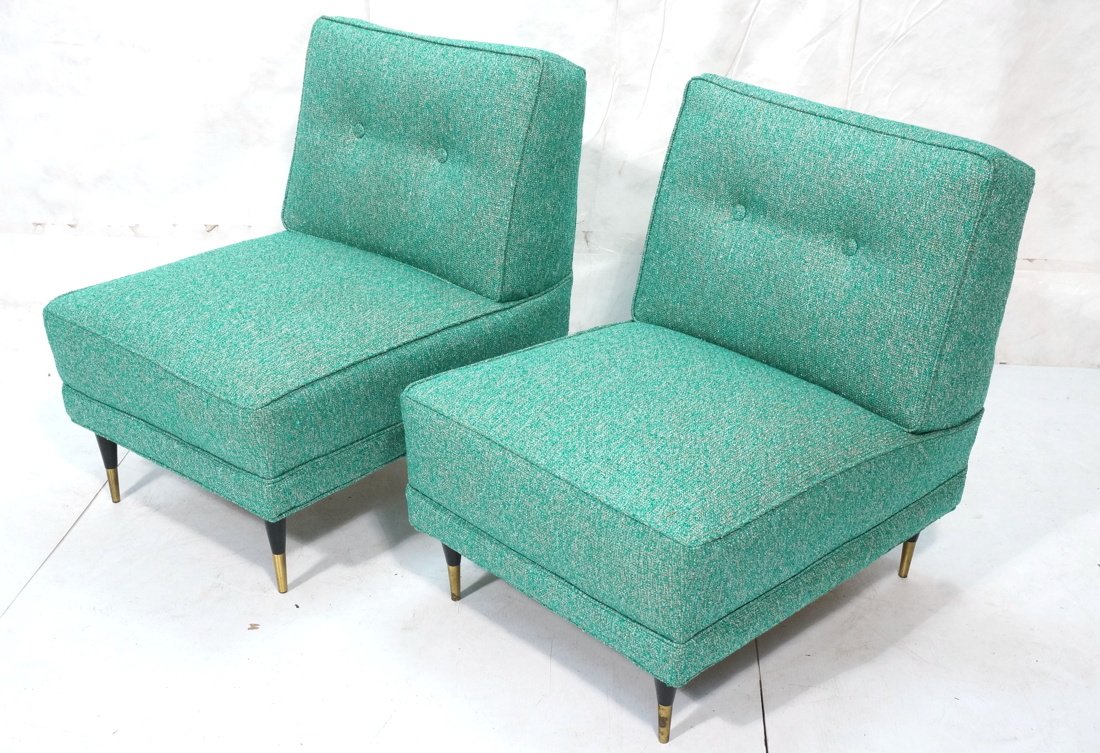 Pr Retro Lounge Chairs. Green Metallic flecked fa: Pr Retro Lounge Chairs. Green Metallic flecked fabric. Green painted wood legs with brass caps. -- Dimensions: H: 32 inches: W: 24 inches: D: 33 inches ---