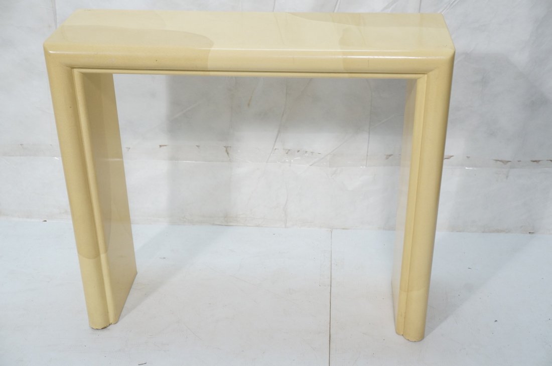 Karl Springer style Console Table. Small Form. La: Karl Springer style Console Table. Small Form. Lacquered Painted faux skin finish. -- Dimensions: H: 32.5 inches: W: 36 inches: D: 11 inches ---
