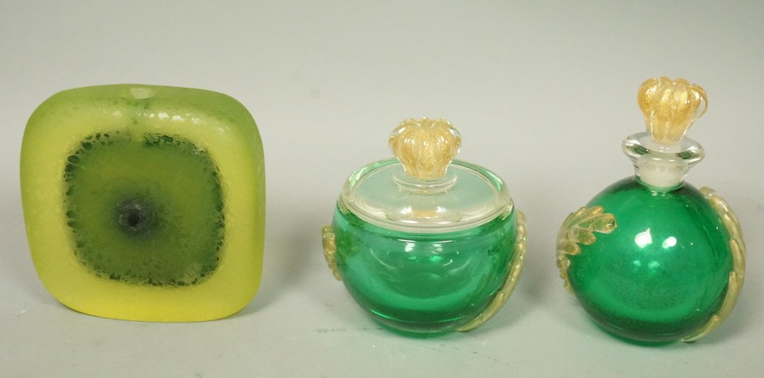 3pc Art Glass Lot. Two pcs Murano: and Flavio Poli Vase: 3pc Art Glass Lot. Two pcs Murano: Lidded jar with gold decorated finial. Murano Perfume bottle. Textured Corroso finish green glass pillow form vase with narrow opening by Flavio Poli for Seguso. -- 