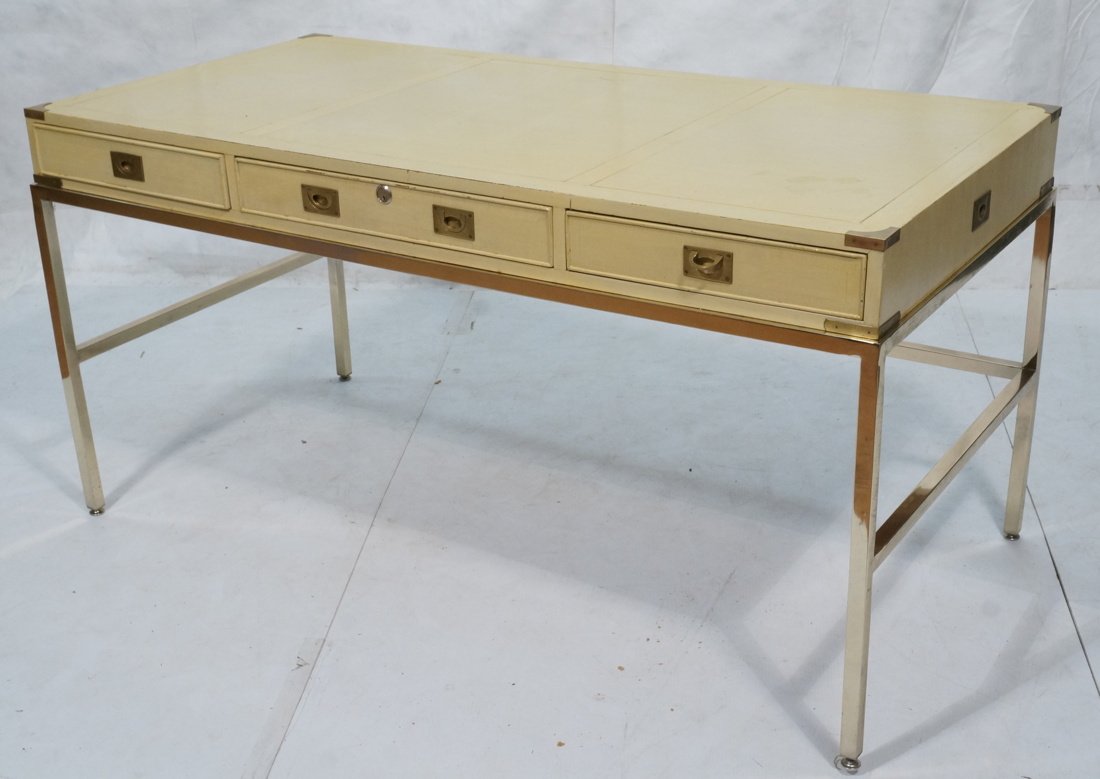 Decorator Paint Finish Campaign style Desk. Gold: Decorator Paint Finish Campaign style Desk. Gold Tone Square Tube Legs Base. Three Drawers. Brass pulls & corner details. Milo Baughman style. False drawers in back-- Dimensions: H: 31 inches: W: 61 i