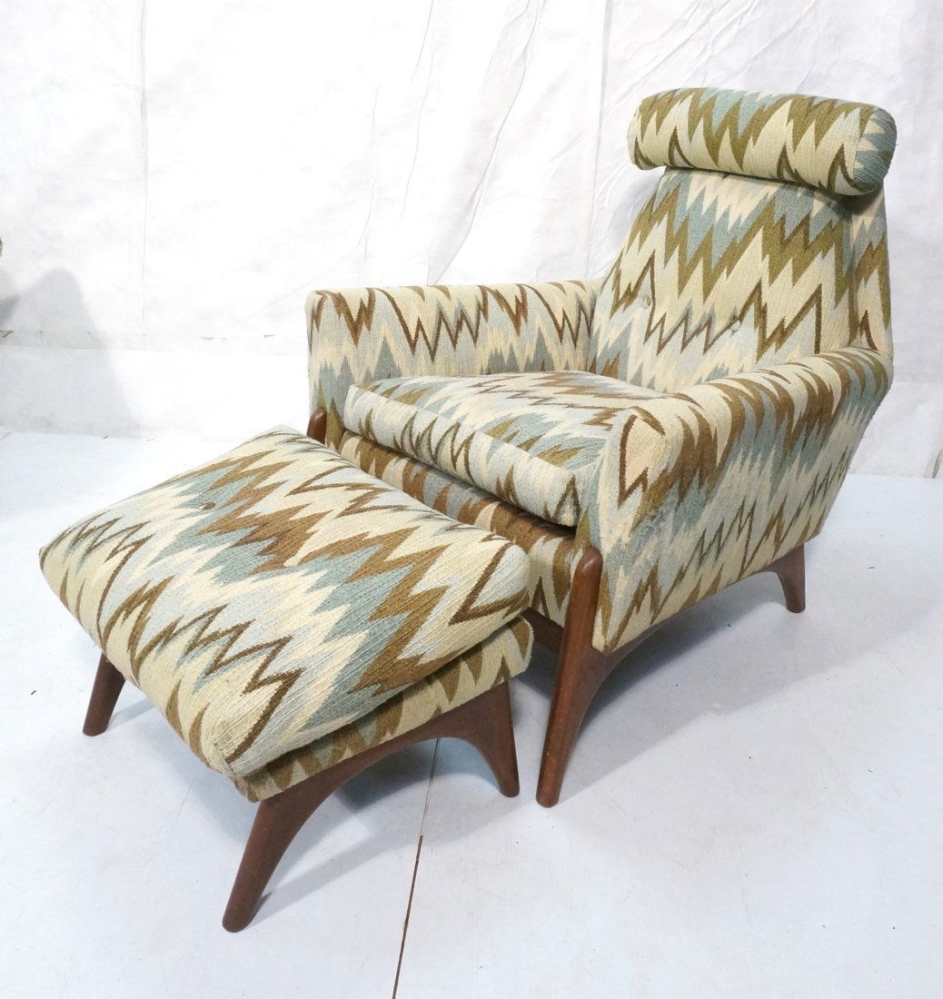 Adrian Pearsall Attributed Tall Back Lounge Chair: Adrian Pearsall Attributed Tall Back Lounge Chair & Ottoman. Nice exposed front legs. Bolster pillow head rest. Flame design fabric-- Dimensions: H: 35 inches: W: 33 inches: D: 34 inches ---