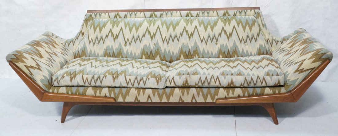 Adrian Pearsall Attributed Sofa Couch. Nice expos: Adrian Pearsall Attributed Sofa Couch. Nice exposed tapered front legs. Flame design fabric with wood back rail. Angled arms. -- Dimensions: H: 30 inches: W: 98 inches: D: 34 inches ---