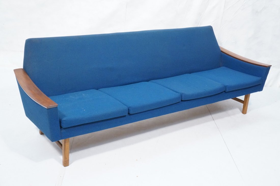 Danish Modern Sofa Couch. Blue fabric. Exposed: Danish Modern Sofa Couch. Blue fabric. Exposed arms. Peg legs with stretcher. Not Marked. -- Dimensions: H: 29 inches: W: 88 inches: D: 27.5 inches ---