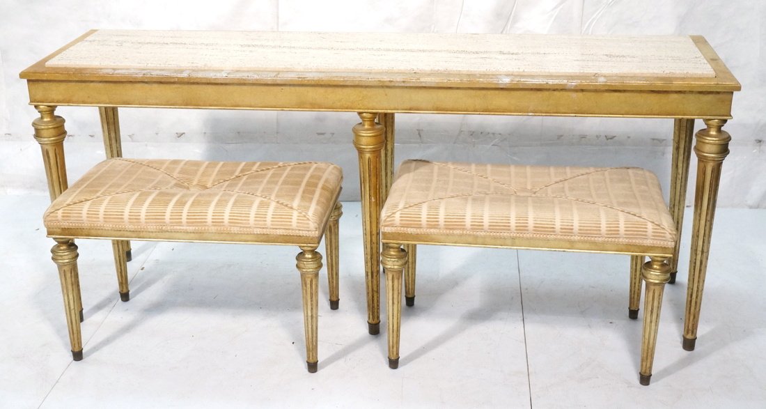 3pc Travertine Top Console Hall Table. Pr Matchin: 3pc Travertine Top Console Hall Table. Pr Matching Stools Benches. Inset travertine top. Gilt wood frame with fancy tapered wood legs. -- Dimensions: H: 31 inches: W: 72 inches: D: 19 inches ---