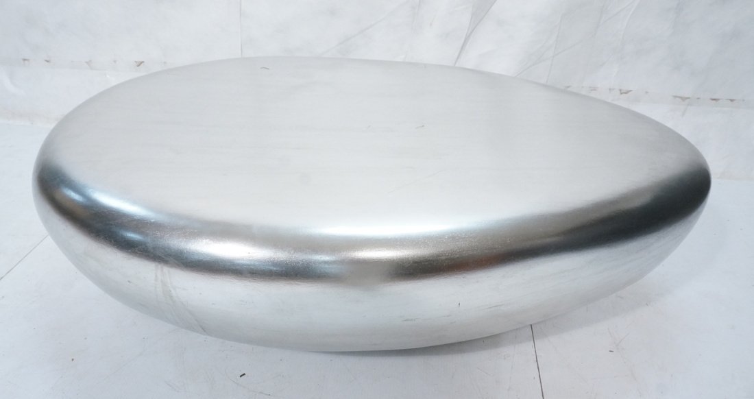 Modernist Space Age Modern Silver Leaf Cocktail T: Modernist Space Age Modern Silver Leaf Cocktail Table. Saucer Spaceship form oval coffee table. Nano Nano. -- Dimensions: H: 15.5 inches: W: 54 inches: D: 33 inches ---