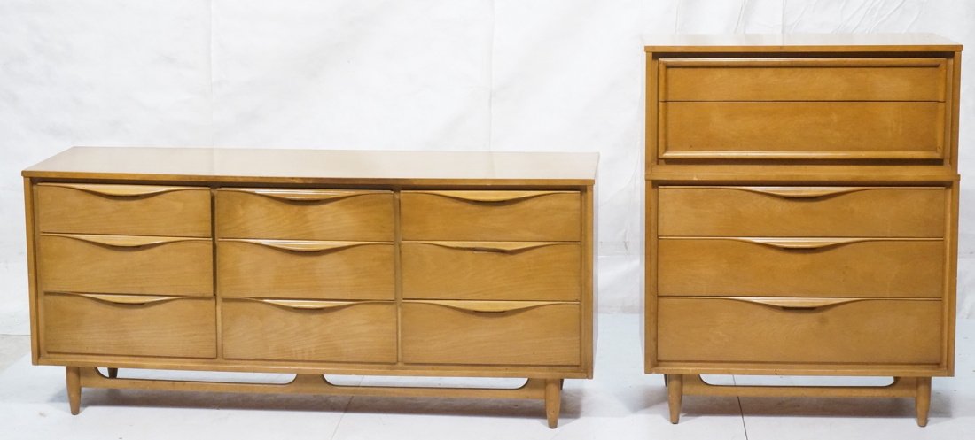 2pc American Modern Blond Wood Bedroom Set. Low C: 2pc American Modern Blond Wood Bedroom Set. Low Chest & Dresser. Unique wood pulls. HUNTLEY Furniture. Decorative stretcher skirt detail. -- Dimensions: H: 45.75 inches: W: 36.25 inches: D: 19 inches 