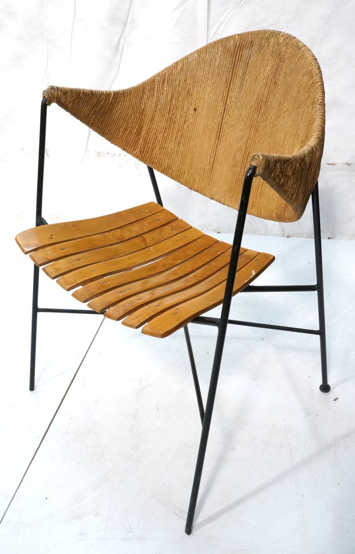 ARTHUR UMANOFF Black Hairpin Iron Lounge Chair. W: ARTHUR UMANOFF Black Hairpin Iron Lounge Chair. Woven rush back. Wood slat seat. -- Dimensions: H: 31 inches: W: 23 inches: D: 21 inches ---