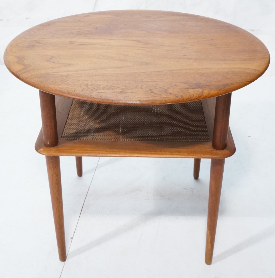 PETER HVIDT Danish Teak Modern Round Side End Tab: PETER HVIDT Danish Teak Modern Round Side End Table. Caned lower shelf. -- Dimensions: H: 23 inches: W: 28 inches: D: 28 inches ---
