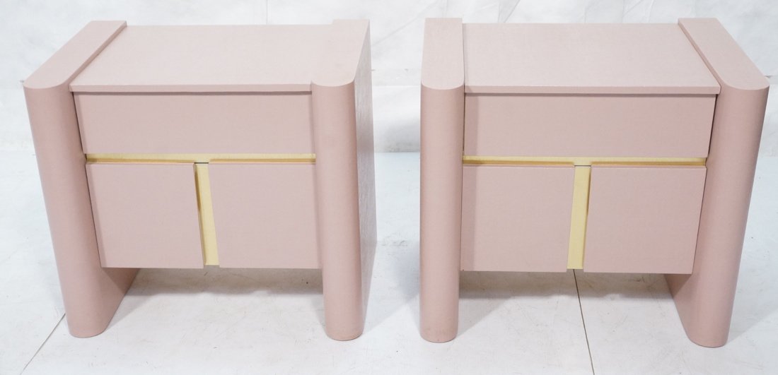 Pr KARL SPRINGER style Pink canvas lacquered Nigh: Pr KARL SPRINGER style Pink canvas lacquered Night Stands. End Tables. Gold tone aluminum trim. Not marked. Thick sides support one drawer two door cabinet. -- Dimensions: H: 24 inches: W: 27 inches: