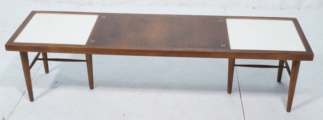 Long Coffee Table Bench. Top has white ceramic i: Long Coffee Table Bench. Top has white ceramic inset tiles and Aluminum "X" details. Three "T" shaped leg base.-- Dimensions: H: 15.5 inches: W: 60 inches: D: 17 inches ---