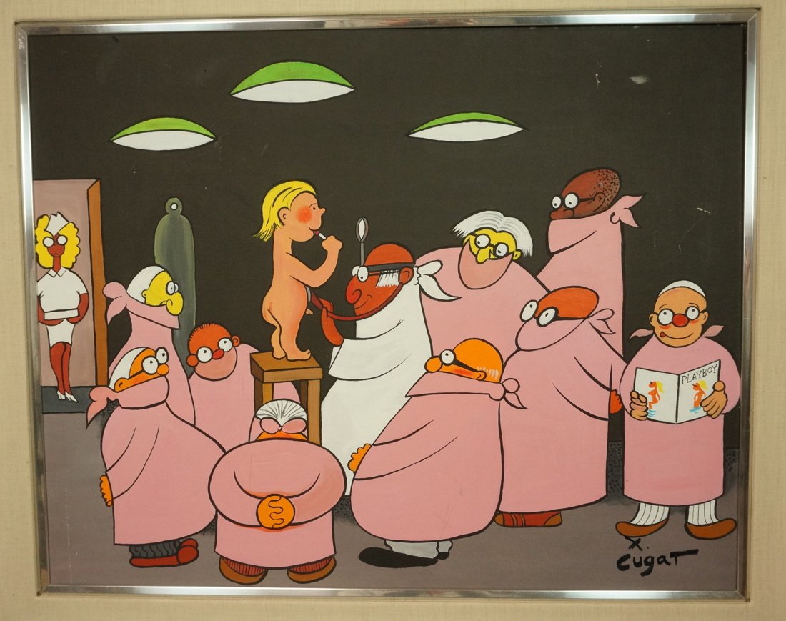 XAVIER CUGAT Oil Painting plus Poster Lot.: XAVIER CUGAT Oil Painting plus Poster Lot. One FramedOil Painting: Doctor's Office with Child. Lot of Rolled Posters: Seven Golf Images Man & Boy golfing. Five images of fat man golfing with boy. Also