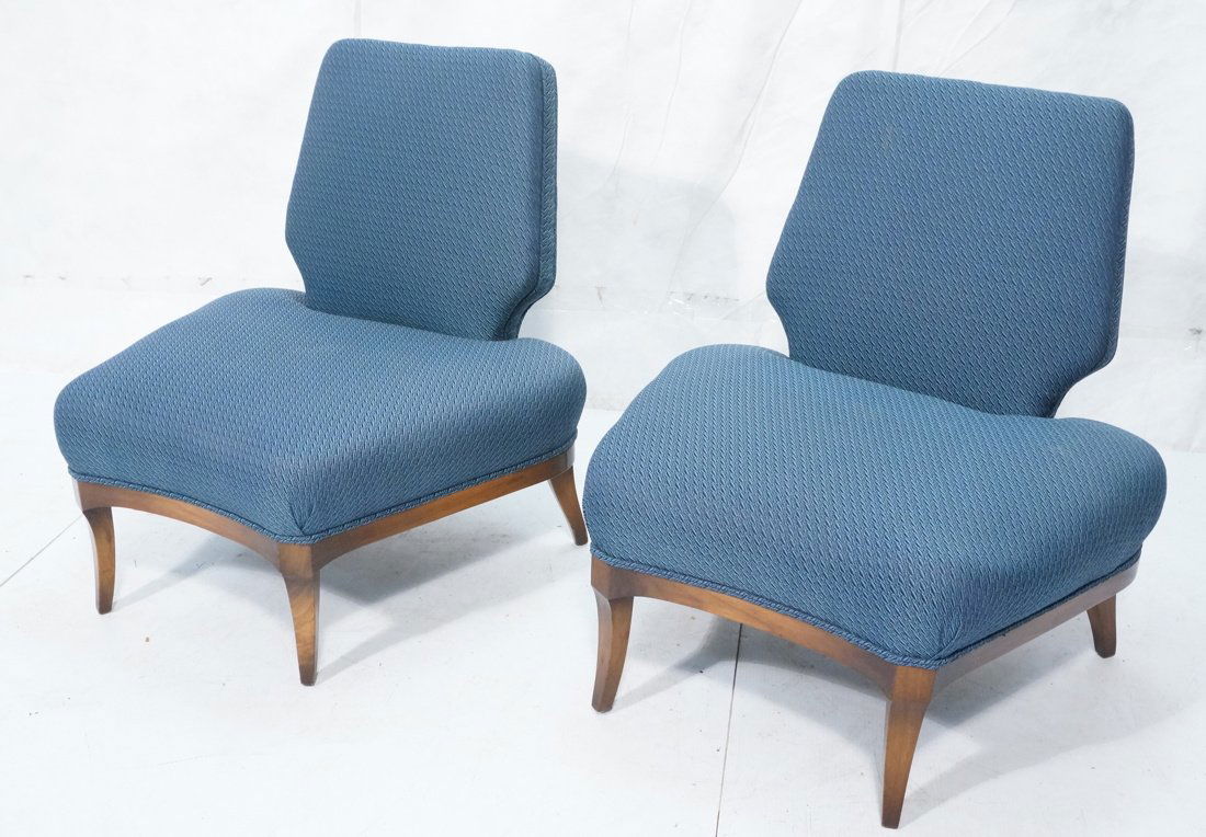 Pr Blue Fabric Upholstered J.B. Van Sciver Lounge: Pr Blue Fabric Upholstered J.B. Van Sciver Lounge Chairs. Armless. Shaped backs. Wood skirt & legs. -- Dimensions: H: 32 inches: W: 32 inches: D: 28 inches ---