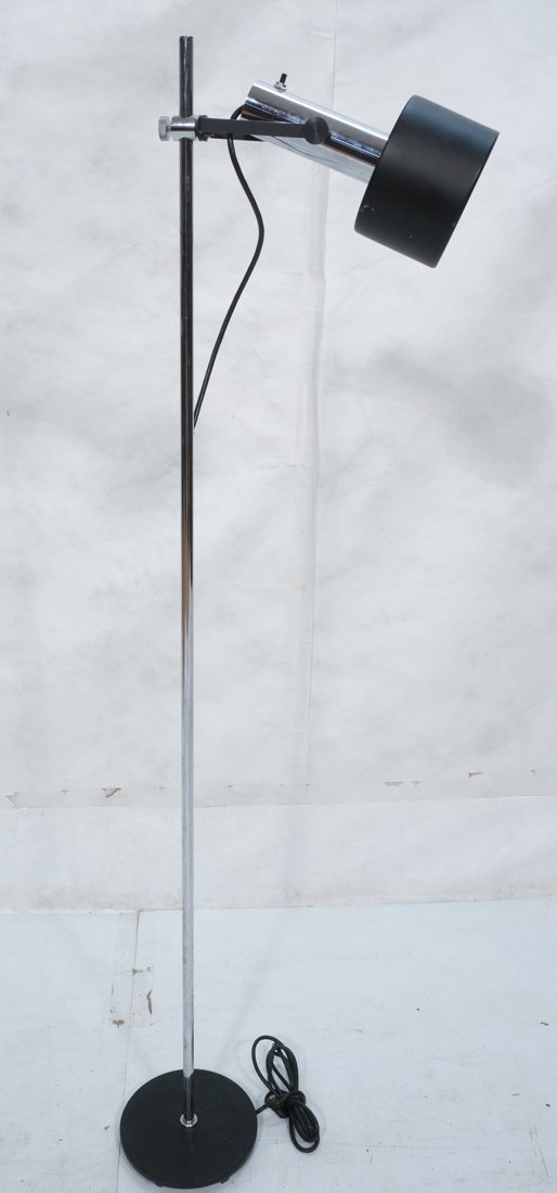 LIGHTOLIER Chrome Tube Floor Lamp. Modernist desi: LIGHTOLIER Chrome Tube Floor Lamp. Modernist design with adjustable height black & chrome shade. Stamped on back on shade.-- Dimensions: H: 58 inches: W: 16 inches: D: 16 inches ---