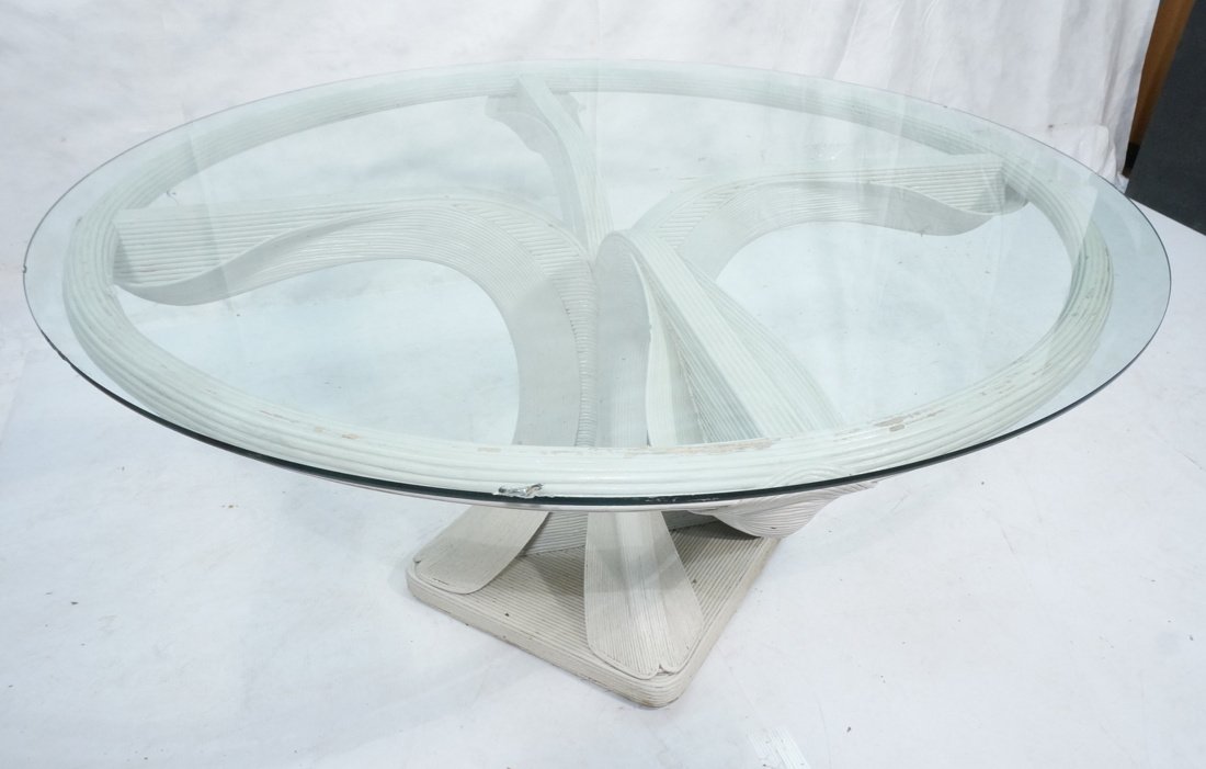 MAITLAND SMITH Signed Rattan Pedestal Dining Tabl: MAITLAND SMITH Signed Rattan Pedestal Dining Table Glass Top on White Painted Base with long petal supports. Marked-- Dimensions: H: 30 inches: W: 60 inches: D: 60 inches ---