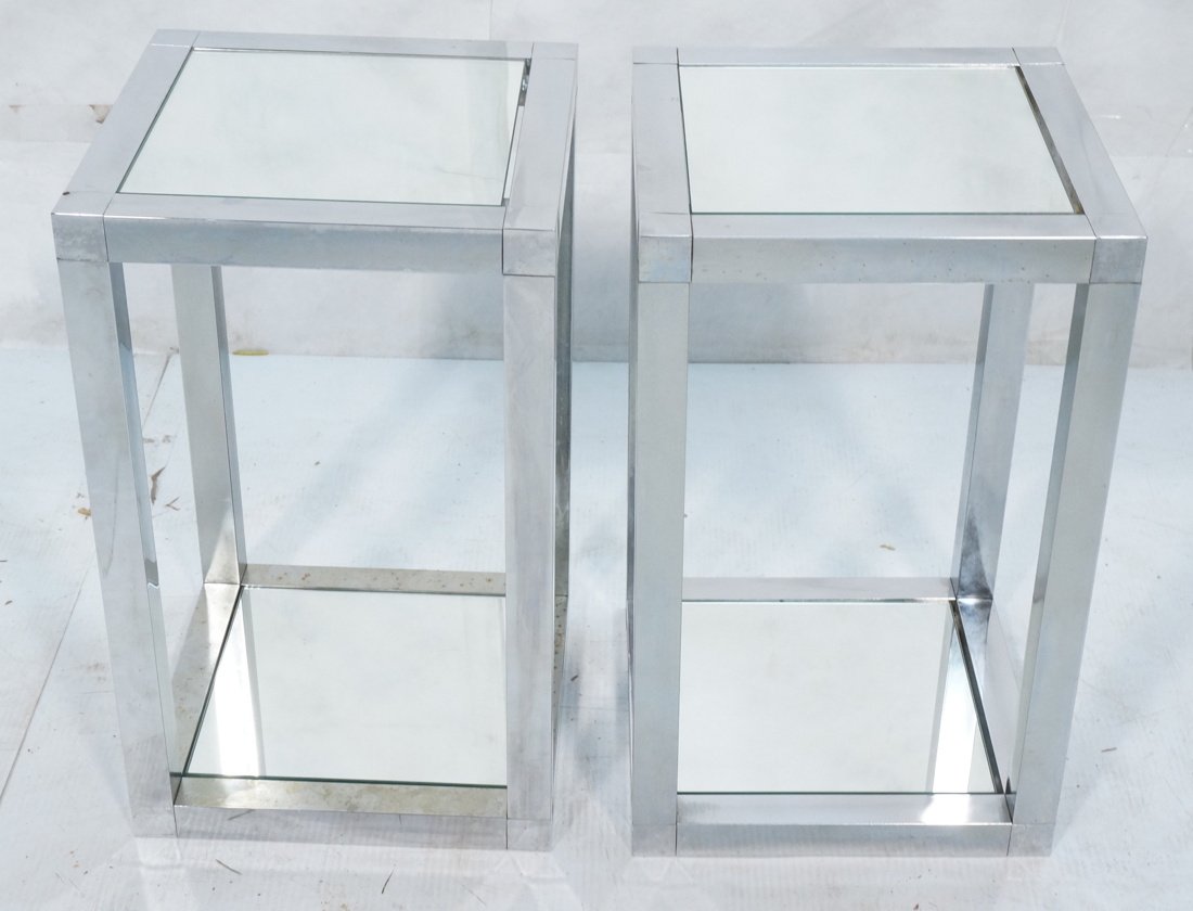Pair of Milo Baughman Style pedestal end tables.: Pair of Milo Baughman Style pedestal end tables. Mirrored glass inserts. 1.25" frames.-- Dimensions: H: 20 inches: W: 12 inches: D: 12 inches ---