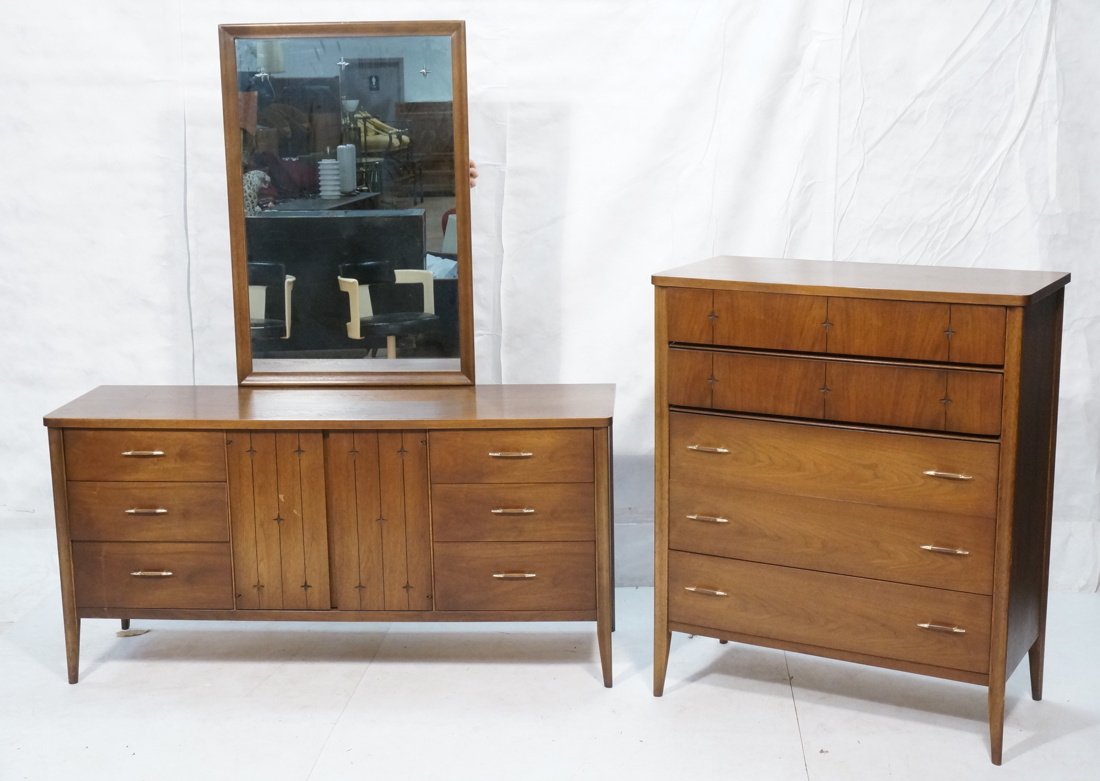 3 piece american modern walnut Saga by Broyhill p: 3 piece american modern walnut Saga by Broyhill premiere high low chest and mirror-- Dimensions: H: 46.5 inches: W: 49 inches: D: 61 inches ---