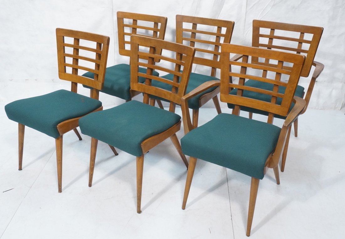 Set of 6 American modern wood dining chairs. 2 ar: Set of 6 American modern wood dining chairs. 2 arm chairs, 4 side chairs. Peg legged with slated back, exposed frames. Green upholstery.-- Dimensions: H: 34 inches: W: 24 inches: D: 22 inches ---